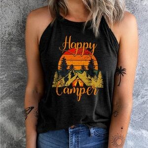 NWOT Happy Camper Graphic Halter Tank Top - Black & Orange spring summer